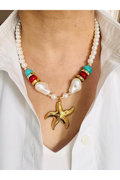 DEVİ fashion Design Pearl Bead Star Necklace 48 cm