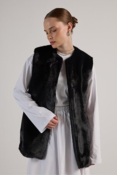 minaaise Vestă neagră lungă din blană căptușită pentru femei 30072