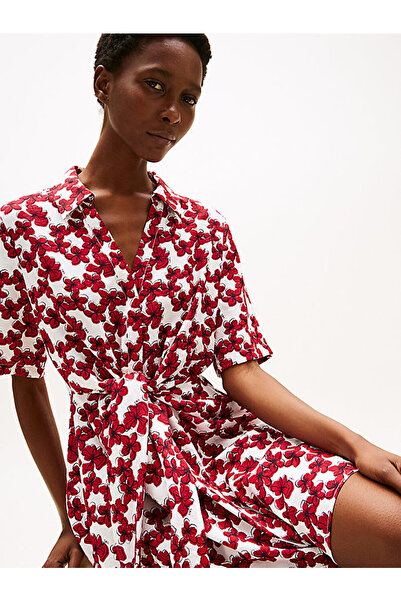 Tommy Hilfiger Women's Textured Short-Sleeve Knot Shirt Dress