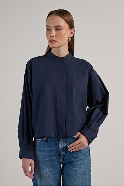 minaaise Cămașă scurtă oversize cu design bleumarin pentru femei 30019