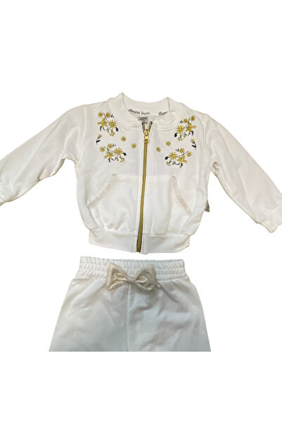 OEM White baby girl outfit with floral embroidery and decorative bow – elegant model with gold zipper