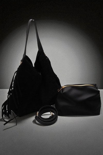 HFKY Geantă de umăr Hobo din piele intoarsa neagra pentru femei. Geantă de um...