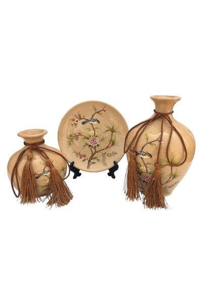 BV Set de 2 vaze și farfurie decorative din ceramică, Flori, Crem