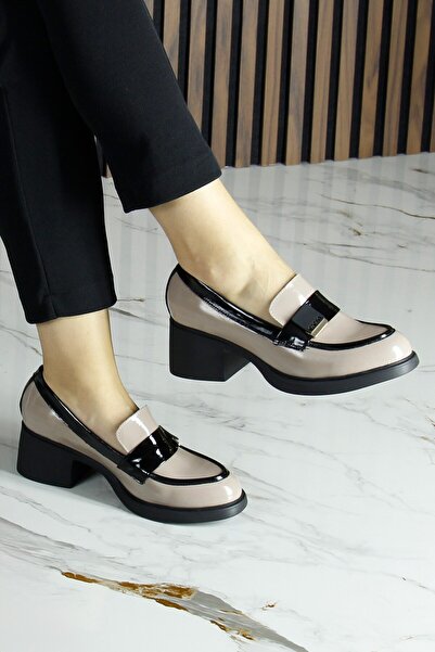 Erkan Saçmacı Mink Black Patent Leather Genuine Cowhide Buckle Thick Heeled Casual Loafer Shoes