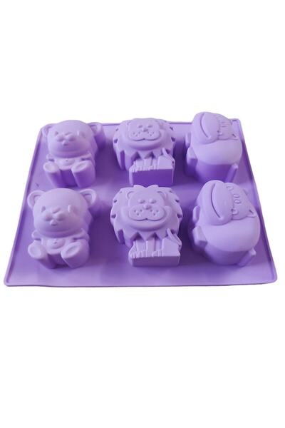 BV Silicone baking mold with animals (bear, lion, hippopotamus), 6 cavities, purple, 24 cm