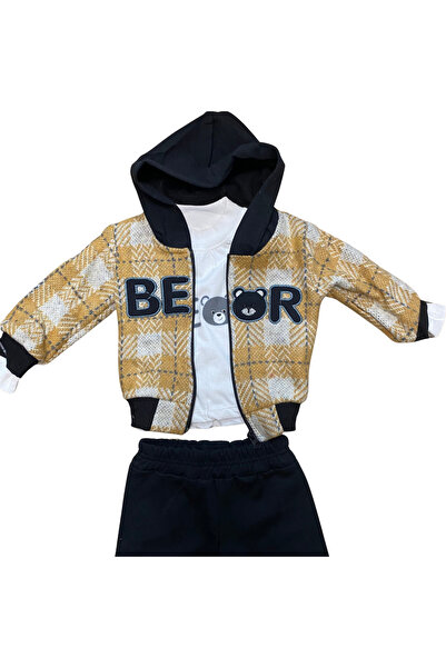 OEM BEAR baby boy outfit with plaid sweatshirt and black pants – 3-piece model with Hooded