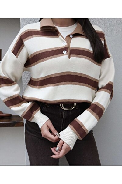 LUMİ Pulover tricotat cu guler polo cu dungi maro pentru femei – Favoritul co...