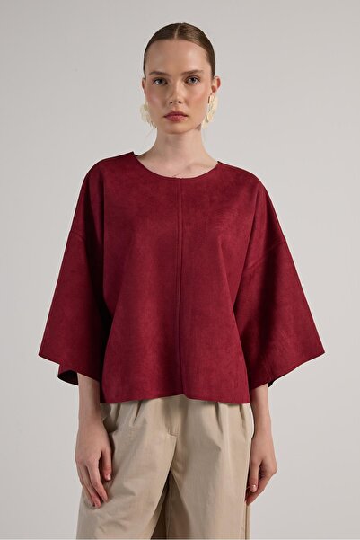 minaaise Γυναικεία μπλούζα με σπαστά στοιχεία από σουέτ κατάδυσης μπορντό 30038
