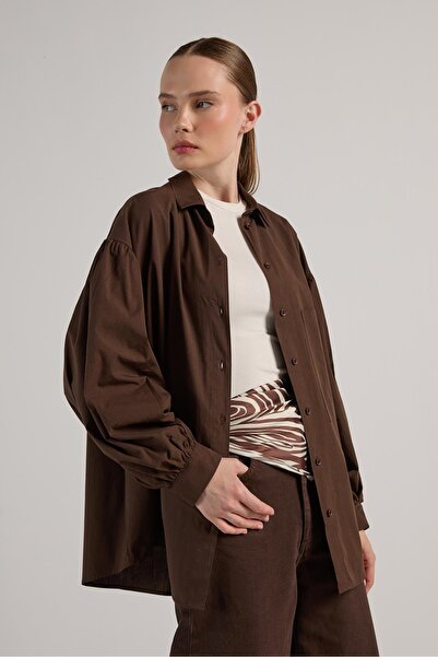 minaaise Kadın Kahve Pileli Cep Detaylı Oversize Gömlek 30062