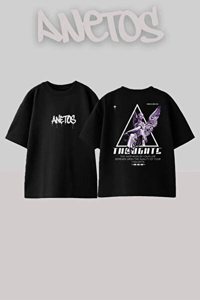 Anetos Thoughts Design Spate cu imprimeu Bumbac Negru supradimensionat tricou