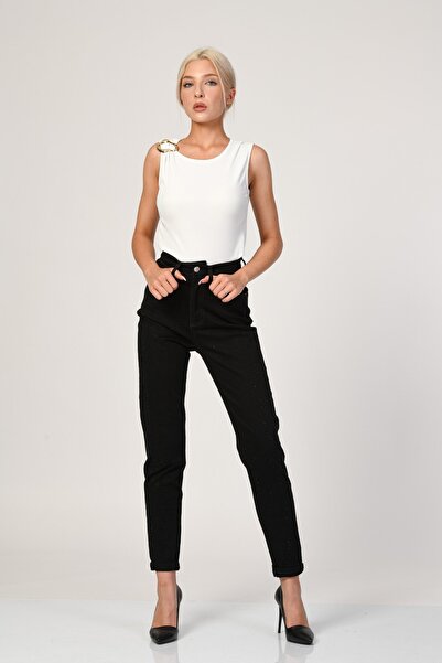 What's Up Pantaloni ușori cu picioare largi WhatsUp talie înaltă - negru