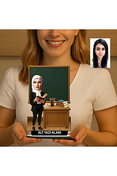 MK Sanart Öğretmenler Günü Hediyesi, Kişiye Özel Karikatür Kadın Öğretmen Masa Üstü Ahşap Biblo