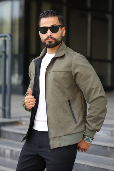 LUMAST سترة موسمية من الجلد السويدي بتصميم أنيق أساسي مع أشرطة مضلعة