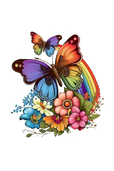 BV Autocolant decorativ, Fluture, Curcubeu și Flori, Multicolor, 68 cm