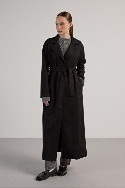 minaaise Kadın Siyah Dalgıç Süet Tam Boy Trençkot 30041
