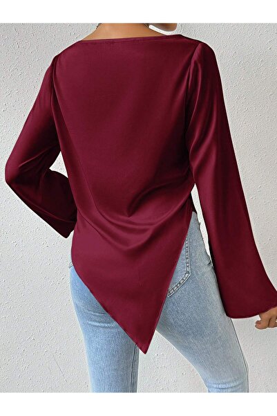 WEEST MODA Burgundy Polyester Fabric Draped Collar Spanish Sleeve Draped Collar Top Blouse