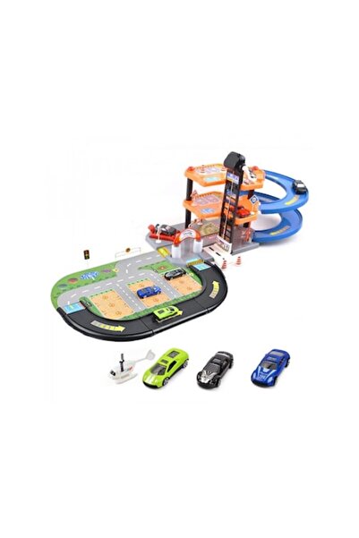 ALIBIBI pistă de jucărie cu parcare și 3 mașini și un elicopter incluse