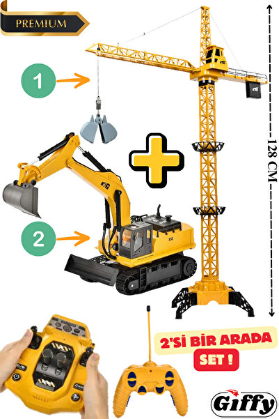 giffy Oyuncak Uzaktan Kumandalı 128 CM Kule Vinç ve Konsol Kumandalı Ekskavatör Kepçe Set 2'si 1 Arada