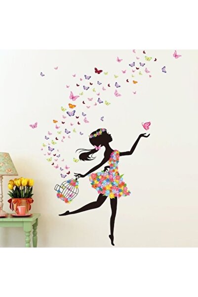 GoGou Autocolant de perete, design cu fetiță și flori, 60 x 90 cm, multicolor