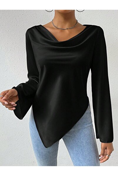 poswicon Μπλούζα με γιακά με ντραπέ από μαύρο πολυεστερικό ύφασμα, ισπανικό μπλουζάκι με ντραπέ γιακά