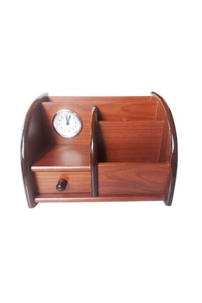BV Wooden desk ornament with clock, Brown, 20 cm, 3560DX