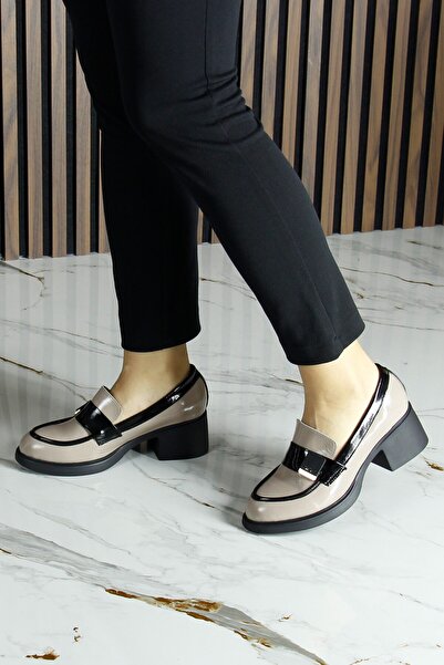 Erkan Saçmacı Mink Black Patent Leather Genuine Cowhide Buckle Thick Heeled Casual Loafer Shoes