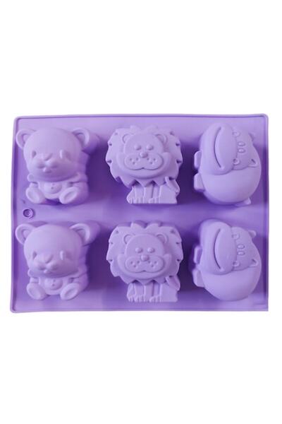 BV Silicone baking mold with animals (bear, lion, hippopotamus), 6 cavities, purple, 24 cm