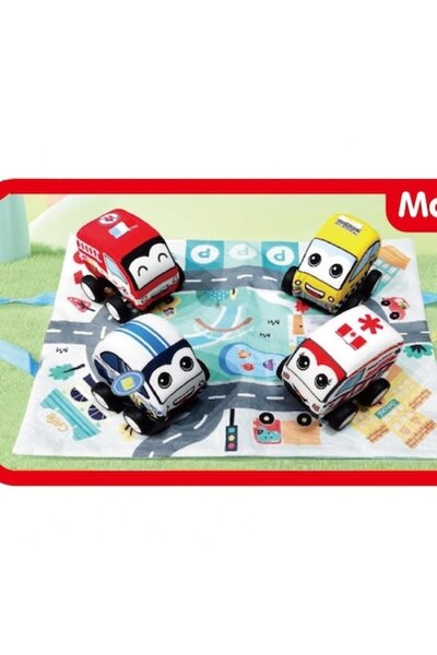 ALIBIBI Set de 4 mașinuțe textile cu mecanism Pull Back și covoraș de joacă inclus