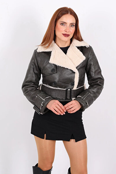 Zerenyus Furry Faux Leather Belted Khaki Women's Short Coat