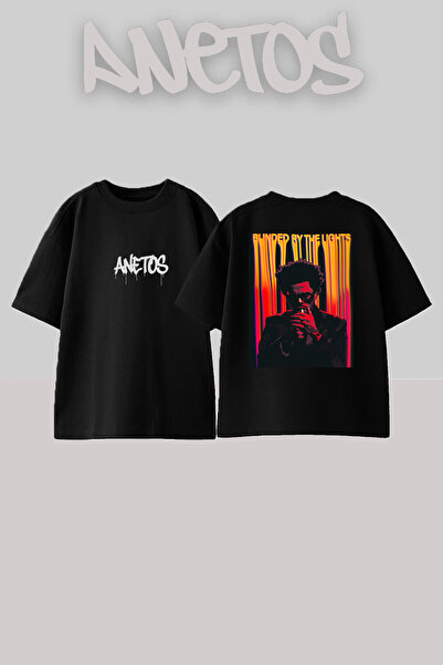 Anetos The Weeknd 0 Design Back cu imprimeu Bumbac Negru supradimensionat tricou