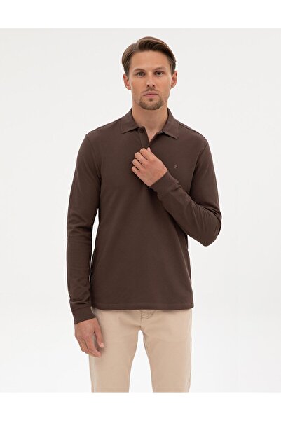 Pierre Cardin Dark Brown Slim Fit Non-Curling Polo Neck Long Sleeve Sweatshirt