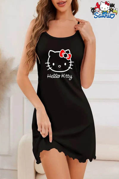 HUBANN Hello Kitty Baskılı Askılı Siyah Gece Elbisesi - Yumuşacık Gecelik