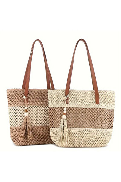 Büyük Hanım Medium Size Yellow-Cream Color Zippered Lined Straw Bag