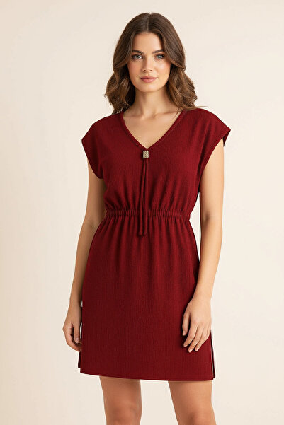 Imoda Women's Burgundy Side Slit Buckled V-Neck Mini Beach Dress