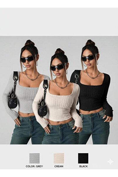 LOUİSA Kadın Fitilli Örme Kumaş 3'lü Paket Gri-Siyah-Bej Uzun Kollu Body