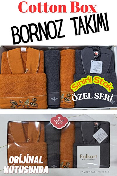 Cotton Box Folkart Aile Bornoz Seti - Özel Seri - Sınırlı Stok (Turuncu & Koyu Gri)