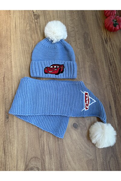 Blotch Children's Pompom Blue Color Car Detail 2-Piece Scarf and Beanie Set