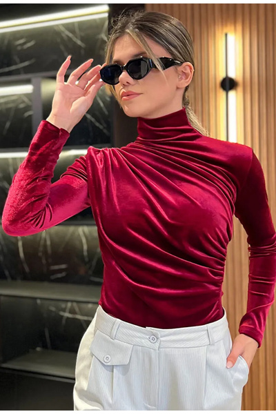rushana KADIN yandan ve omuzdan büzgülü esnek kadife kumaş bluz
