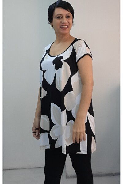 Mertcan Butik Black and White Floral Print All-Over Short-Sleeved T-Shirt