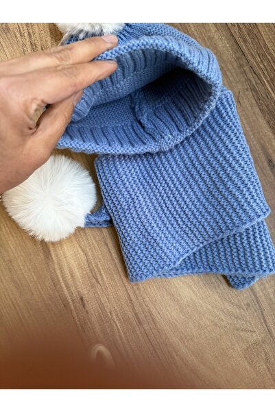 Blotch Children's Pompom Blue Color Car Detail 2-Piece Scarf and Beanie Set