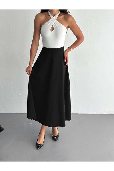 YUSUF CAN KARATAŞ KARATAŞ GİYİM Women's Elastic Waist Suede Fabric Black Color Kiloş Skirt Length 95 cm