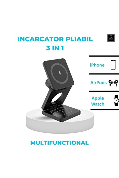 AVR SMART Încărcător wireless 3 în 1, suport pliabil compact, încărcare rapidă MagSafe, negru