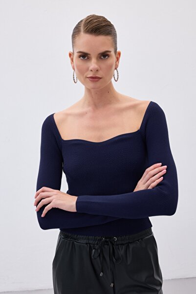 Sateen Kalp Yaka Triko Bluz - Lacivert