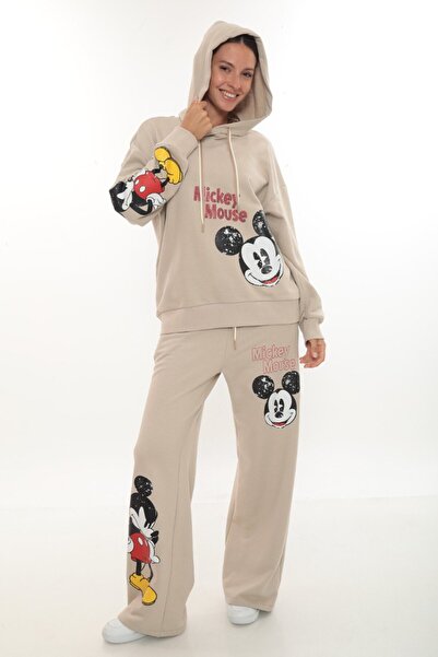 SETRİCA Kadın Siyah Mickey Baskılı Kapüşonlu DMC Taş İşlemeli Eşofman Takımı