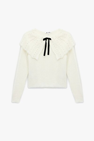 Koton Pulover de tricotat cu mânecă lungă B guler tip Peter Pan cu detaliu de perle pentru femei 6WAL90044HT