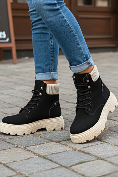 Ekonomik Ayakkabı Women's Black Beige Boots – Thick Sole, Knit Detail, Winter...
