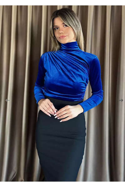 rushana Bluză din țesătură elastică din catifea pentru femei, cu îmbrățișare laterală și pe umăr