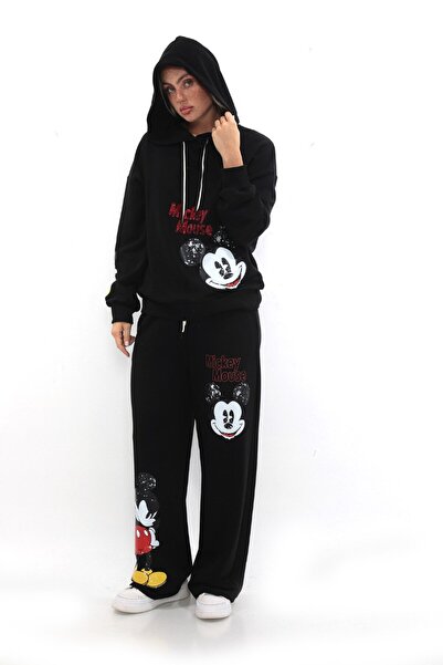 SETRİCA Γυναικείο σετ αθλητικής φόρμας με τρεις κλωστές μαύρο Mickey B με τύπωμα K με κουκούλα DMC με κεντημένες πέτρες