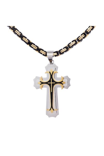 Tessero Colier bizantin cu pandantiv cruce 3D, oțel inoxidabil placat cu aur ...
