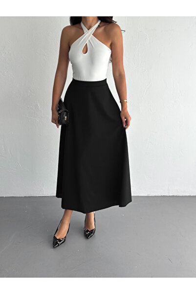 YUSUF CAN KARATAŞ KARATAŞ GİYİM Women's Elastic Waist Suede Fabric Black Color Kiloş Skirt Length 95 cm